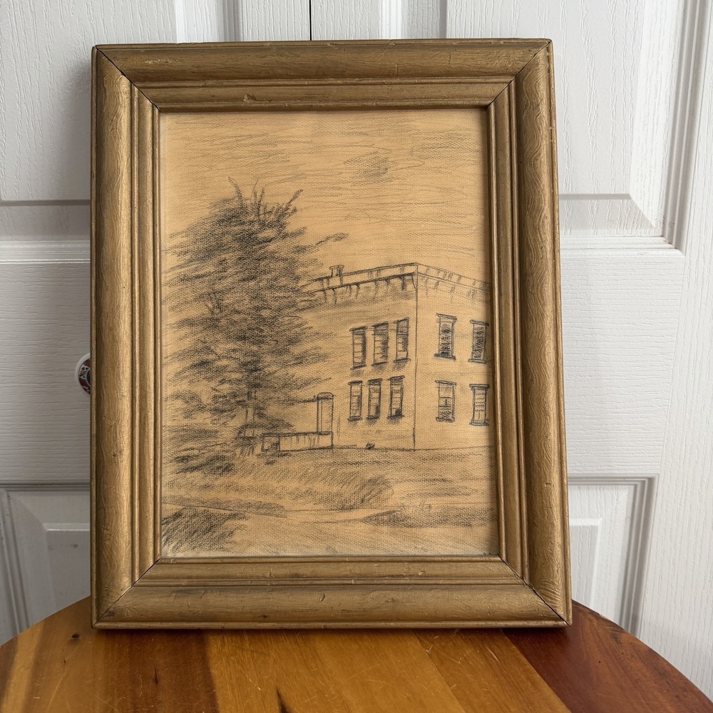 Vintage Wood Frame Pencil Sketch Artwork Building Tree Landscape Office Study